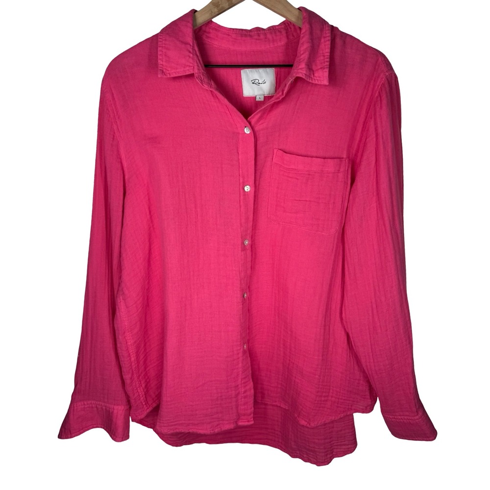 Rails Ellis Fuchsia Pink Organic Cotton Double Gauze Button Down Shirt Large - Picture 5 of 8